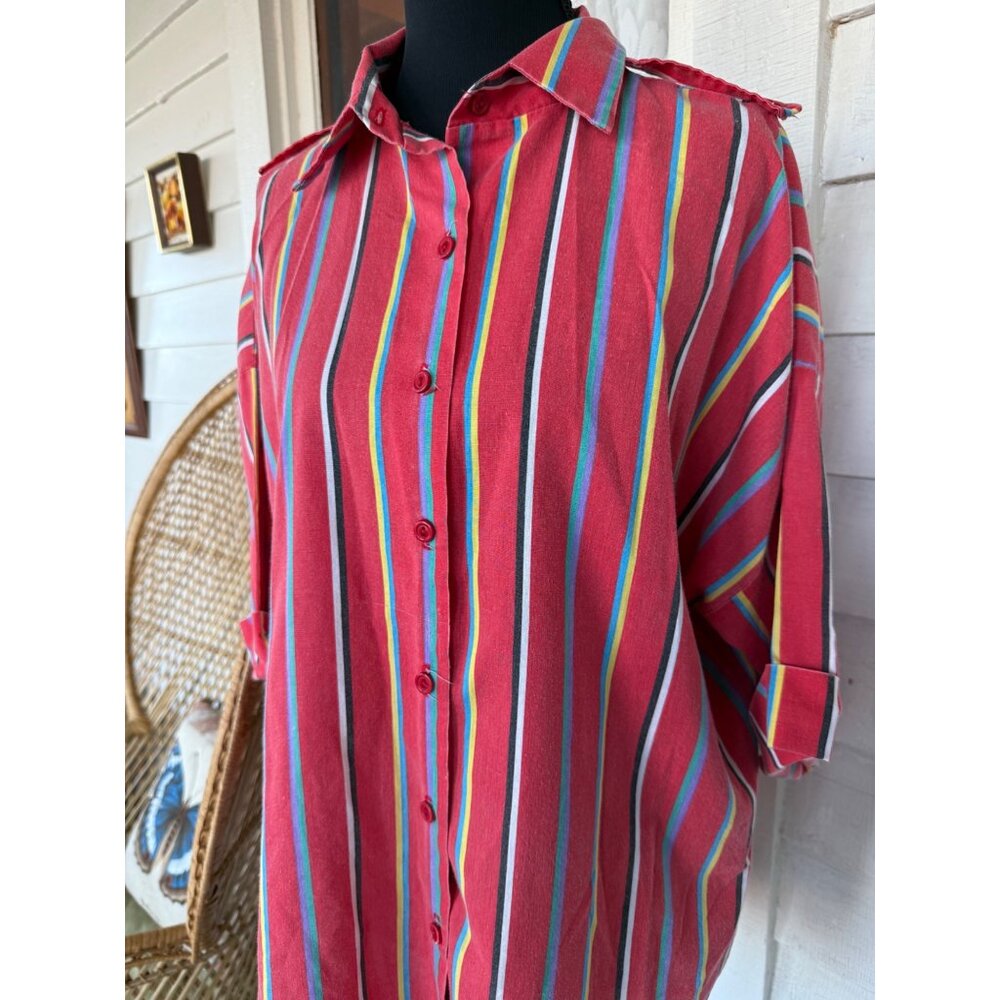 Vintage 70's Red Stripe Womens Button Blouse Cotton Blend Sz XL - Picture 3 of 13